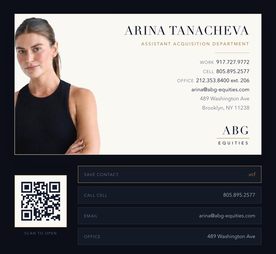 Arina Tanacheva digital business card for ABG Equities
