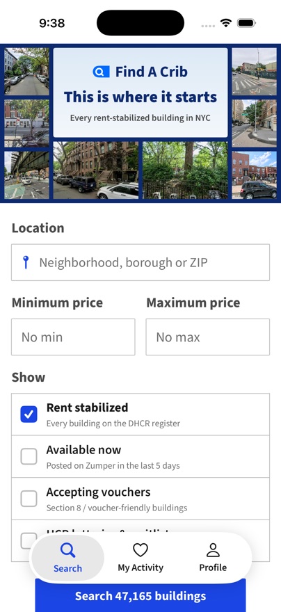 Find A Crib iPhone app search screen with rent-stabilized, available-now and voucher filters