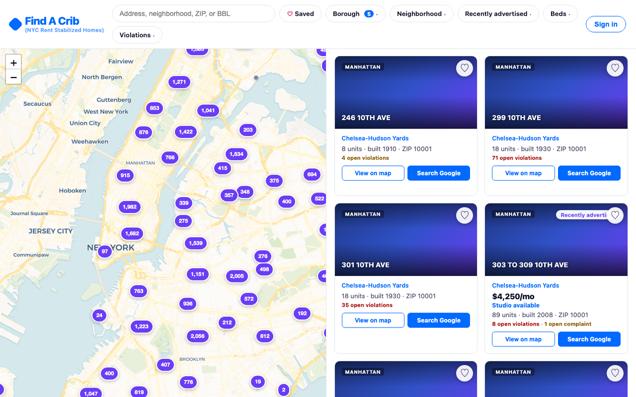 Find A Crib NYC rent-stabilized buildings map screenshot