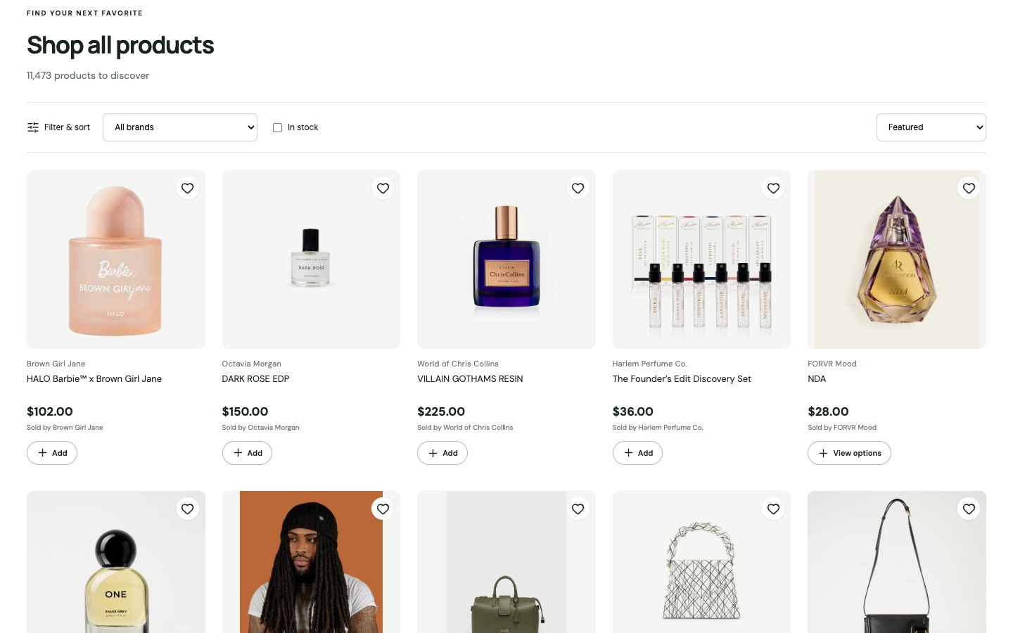 Marracat product catalog with brand filters, sorting, and shopping cards