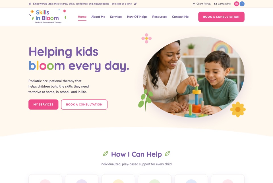 Skills in Bloom pediatric occupational therapy homepage