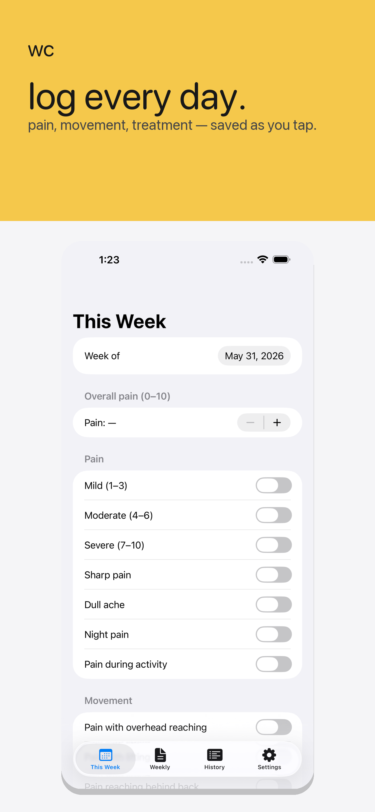 WorkComp+ daily recovery check-in screen